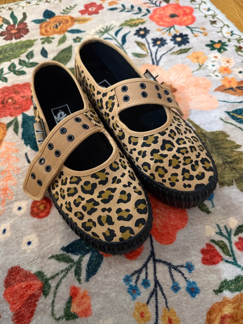 Women’s Vans Leopard Print Mary Jane Shoes in Tan with Black Sole